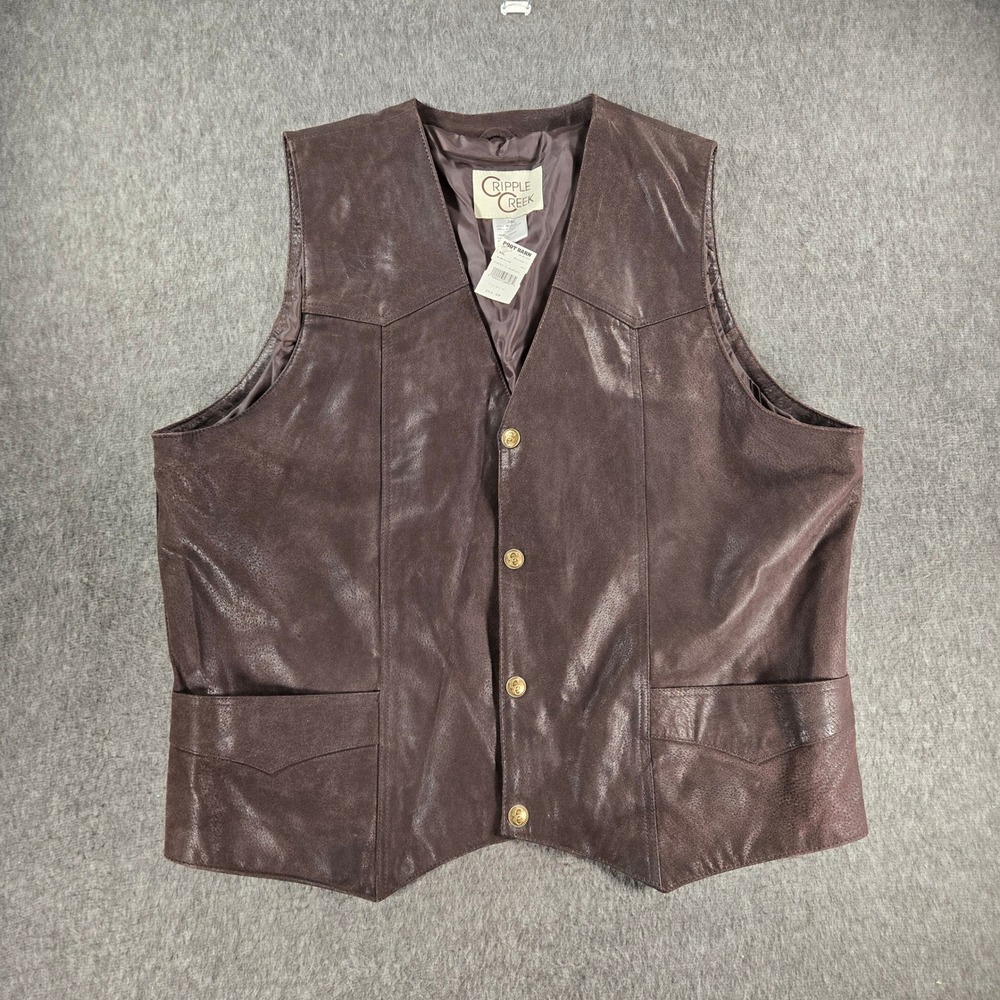 Cripple Creek Leather Vest Mens XXL Brown Western Cowboy Button Front NWT